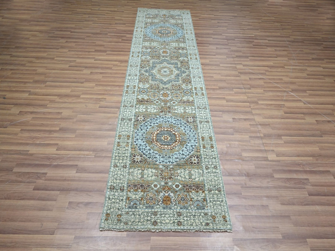 2'9" x 10'4" New Hand Knotted Green Wool Runner Oriental Rug - MOA10276812