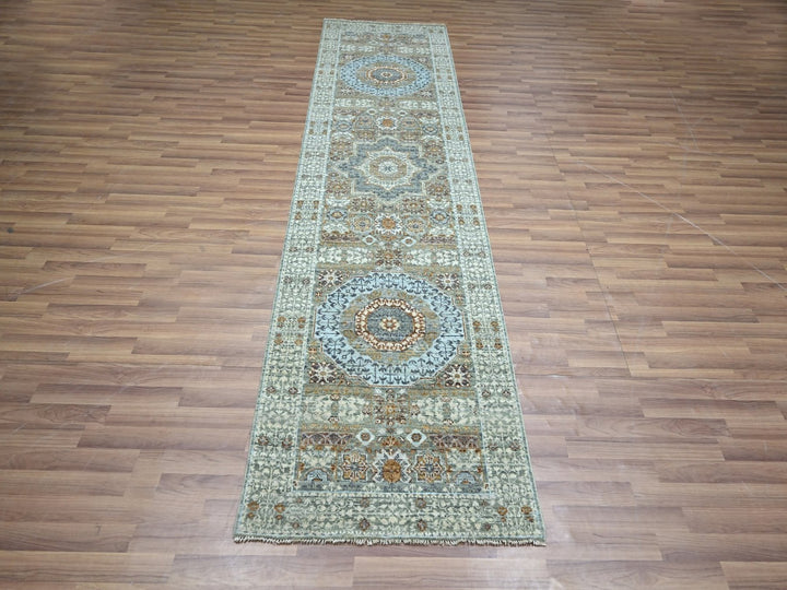 2'9" x 10'4" New Hand Knotted Green Wool Runner Oriental Rug - MOA10276812