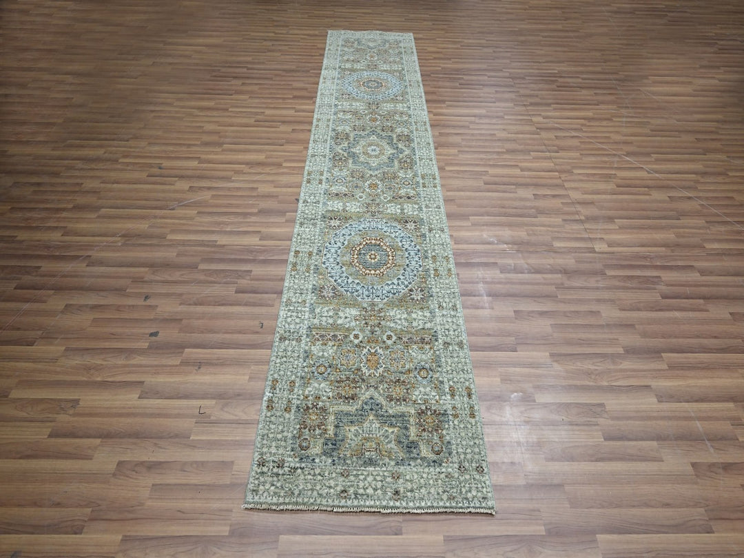 2'7" x 12'1" New Hand Knotted Green Wool Runner Oriental Rug - MOA10276814