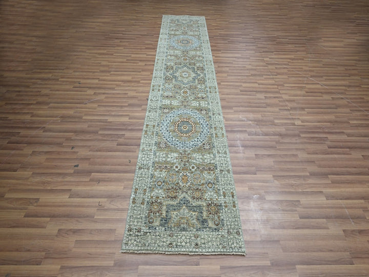 2'7" x 12'1" New Hand Knotted Green Wool Runner Oriental Rug - MOA10276814