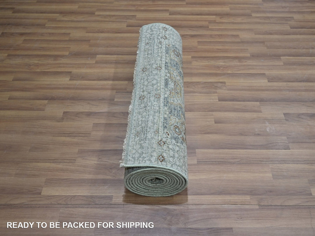 2'7" x 12'1" New Hand Knotted Green Wool Runner Oriental Rug - MOA10276814