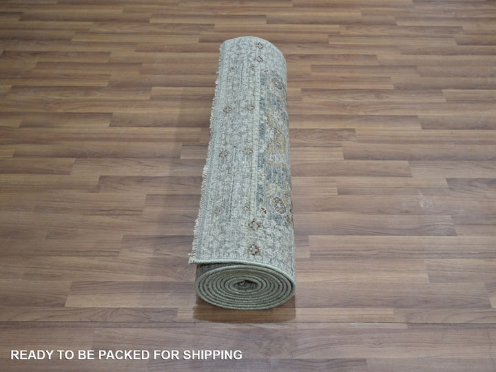 2'7" x 12'1" New Hand Knotted Green Wool Runner Oriental Rug - MOA10276814