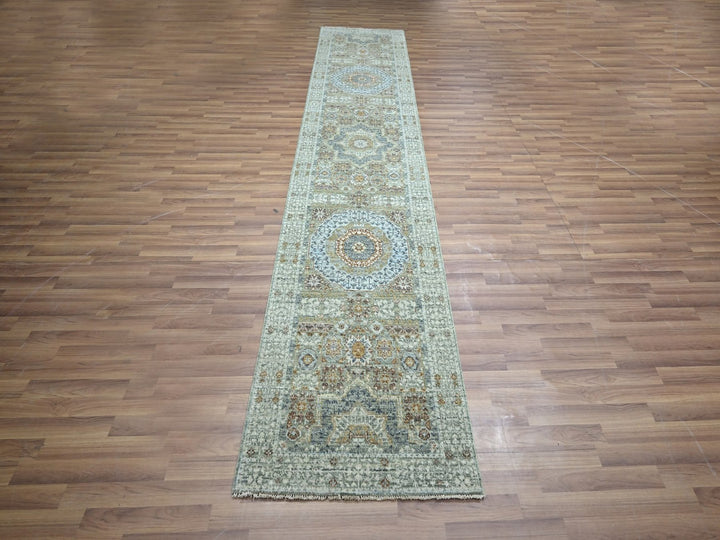2'7" x 12'1" New Hand Knotted Green Wool Runner Oriental Rug - MOA10276815