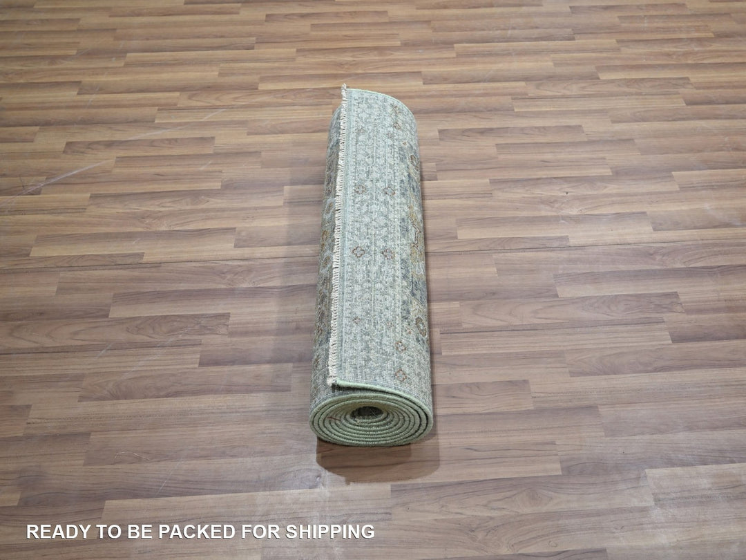 2'7" x 12'1" New Hand Knotted Green Wool Runner Oriental Rug - MOA10276815