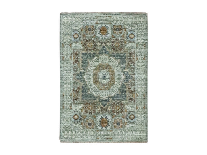 2'1" x 3'1" New Hand Knotted Green Wool Rectangle Oriental Rug - MOA10276816
