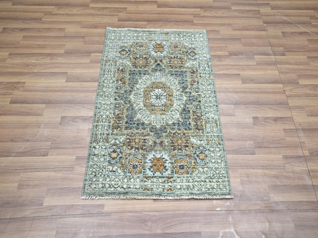 2'1" x 3'1" New Hand Knotted Green Wool Rectangle Oriental Rug - MOA10276816