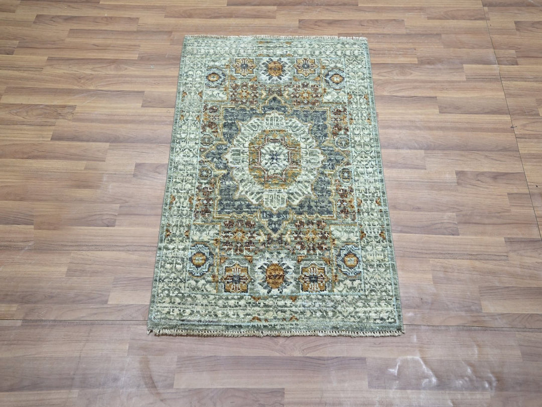 2'1" x 3'1" New Hand Knotted Green Wool Rectangle Oriental Rug - MOA10276817