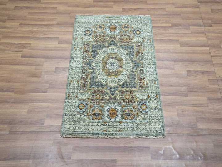 2'1" x 3'1" New Hand Knotted Green Wool Rectangle Oriental Rug - MOA10276817