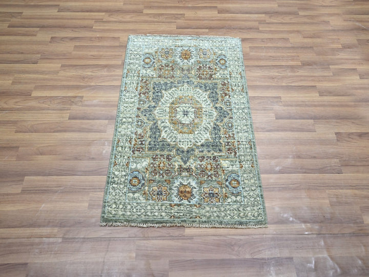 2'1" x 3'2" New Hand Loomed Green Wool Rectangle Oriental Rug - MOA10276818