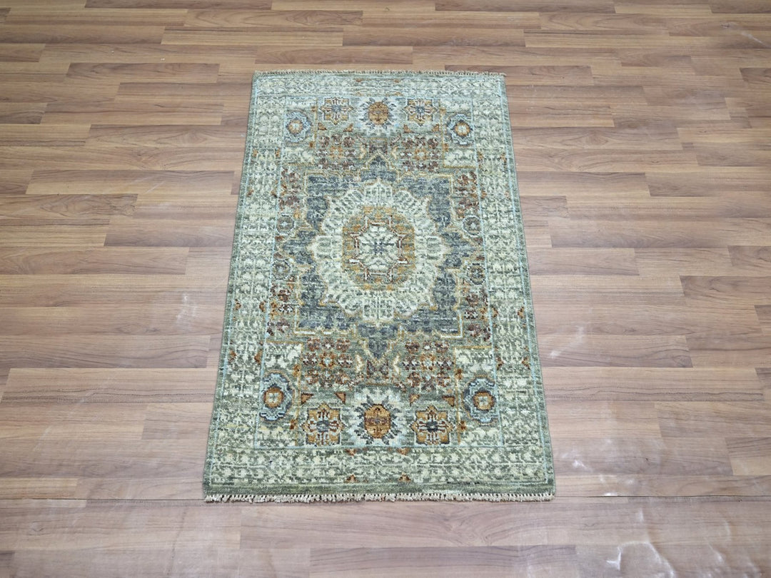 2'1" x 3'2" New Hand Knotted Green Wool Rectangle Oriental Rug - MOA10276819