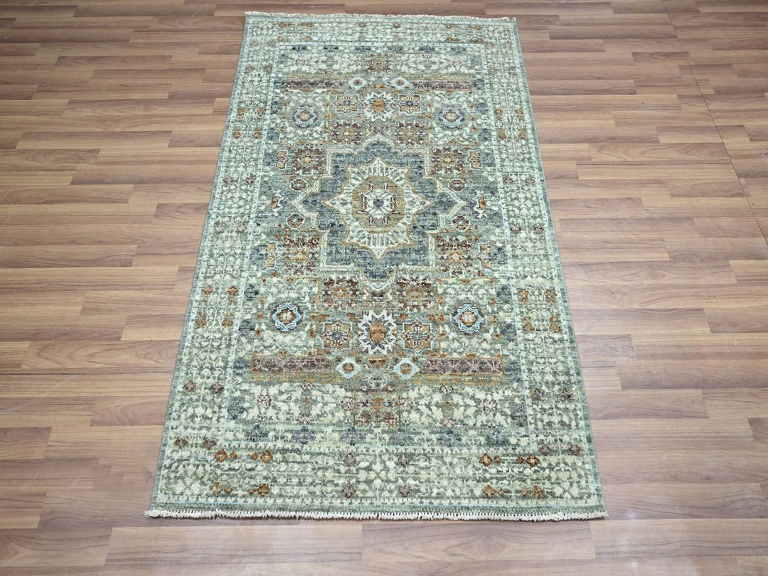 3'1" x 5'0" New Hand Knotted Green Wool Rectangle Oriental Rug - MOA10276823