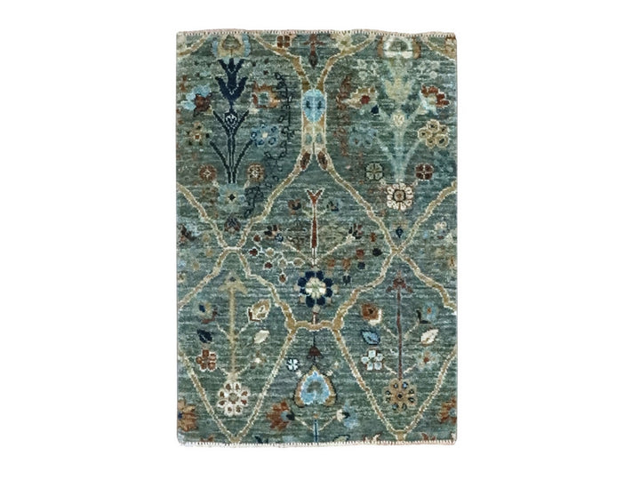 2'0" x 2'11" New Hand Knotted Green Wool Rectangle Oriental Rug - MOA10276825