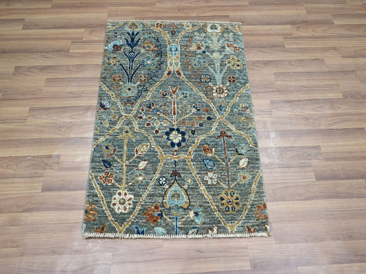 2'0" x 2'11" New Hand Knotted Green Wool Rectangle Oriental Rug - MOA10276825