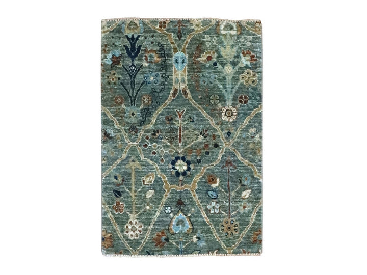 2'0" x 2'11" New Hand Knotted Green Wool Rectangle Oriental Rug - MOA10276826