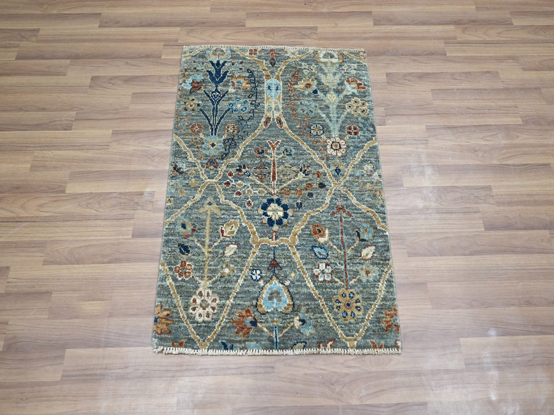 2'0" x 2'11" New Hand Knotted Green Wool Rectangle Oriental Rug - MOA10276826