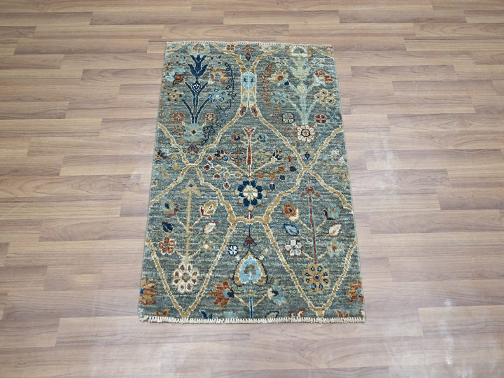 2'0" x 2'11" New Hand Knotted Green Wool Rectangle Oriental Rug - MOA10276826