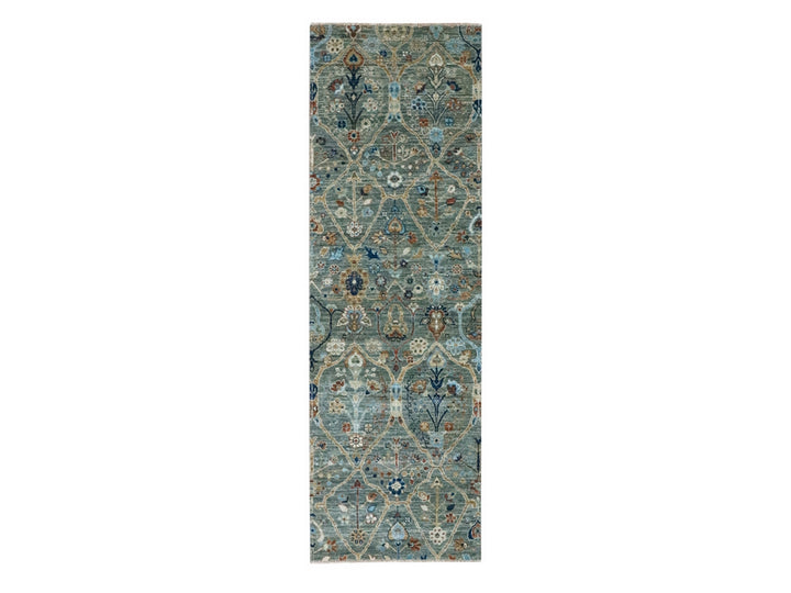 2'8" x 8'1" New Hand Knotted Green Wool Runner Oriental Rug - MOA10276831