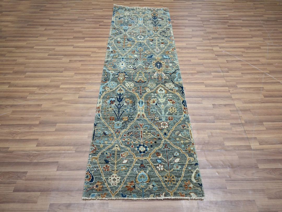 2'8" x 8'1" New Hand Knotted Green Wool Runner Oriental Rug - MOA10276831