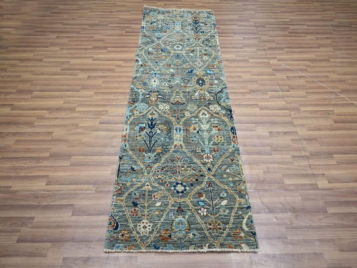 2'8" x 8'1" New Hand Knotted Green Wool Runner Oriental Rug - MOA10276831