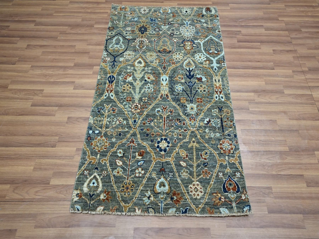 3'0" x 5'2" New Hand Knotted Green Wool Rectangle Oriental Rug - MOA10276832