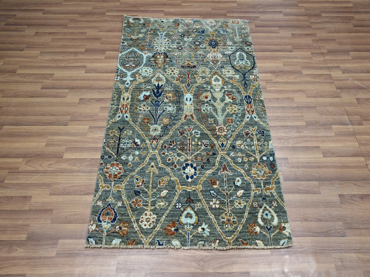 3'1" x 5'1" New Hand Knotted Green Wool Rectangle Oriental Rug - MOA10276833