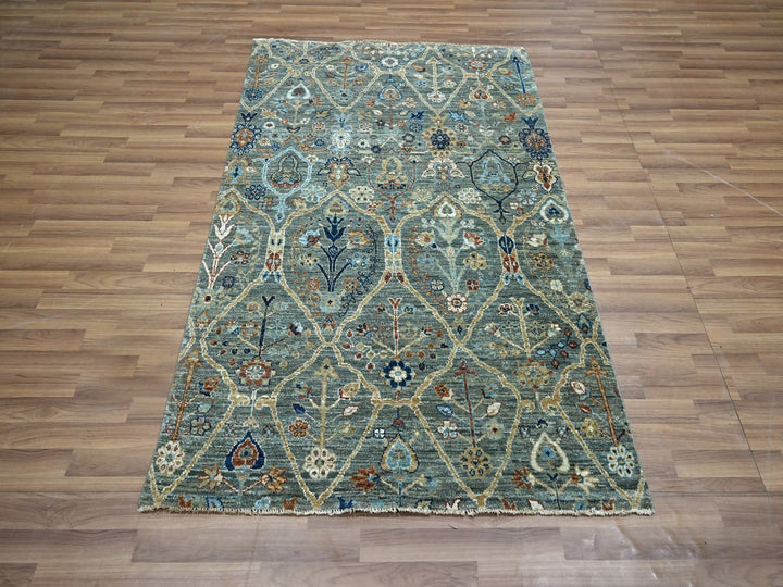 3'10" x 6'1" New Hand Knotted Green Wool Rectangle Oriental Rug - MOA10276834