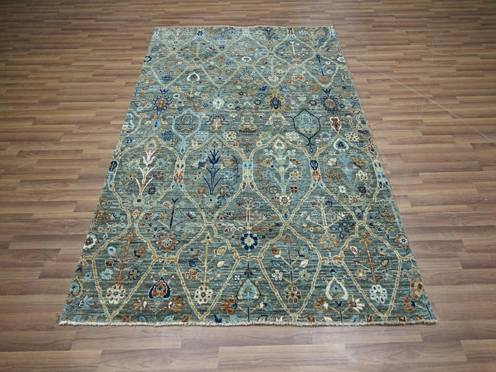 5'0" x 7'0" New Hand Knotted Green Wool Rectangle Oriental Rug - MOA10276835