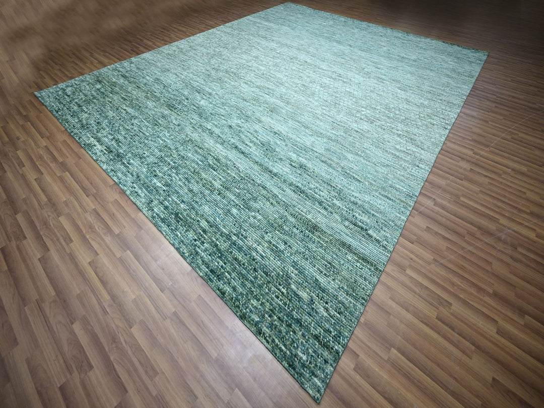 12'1" x 15'2" New Hand Knotted Green Wool Rectangle Oriental Rug - MOA10276844