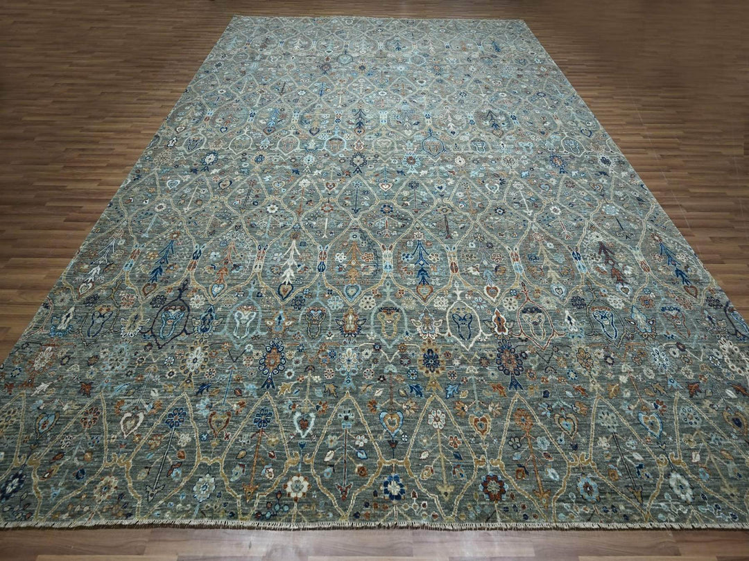12'2" x 15'3" New Hand Knotted Green Wool Rectangle Oriental Rug - MOA10276846