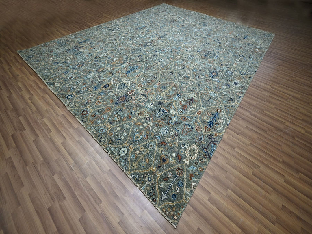 12'2" x 15'3" New Hand Knotted Green Wool Rectangle Oriental Rug - MOA10276846