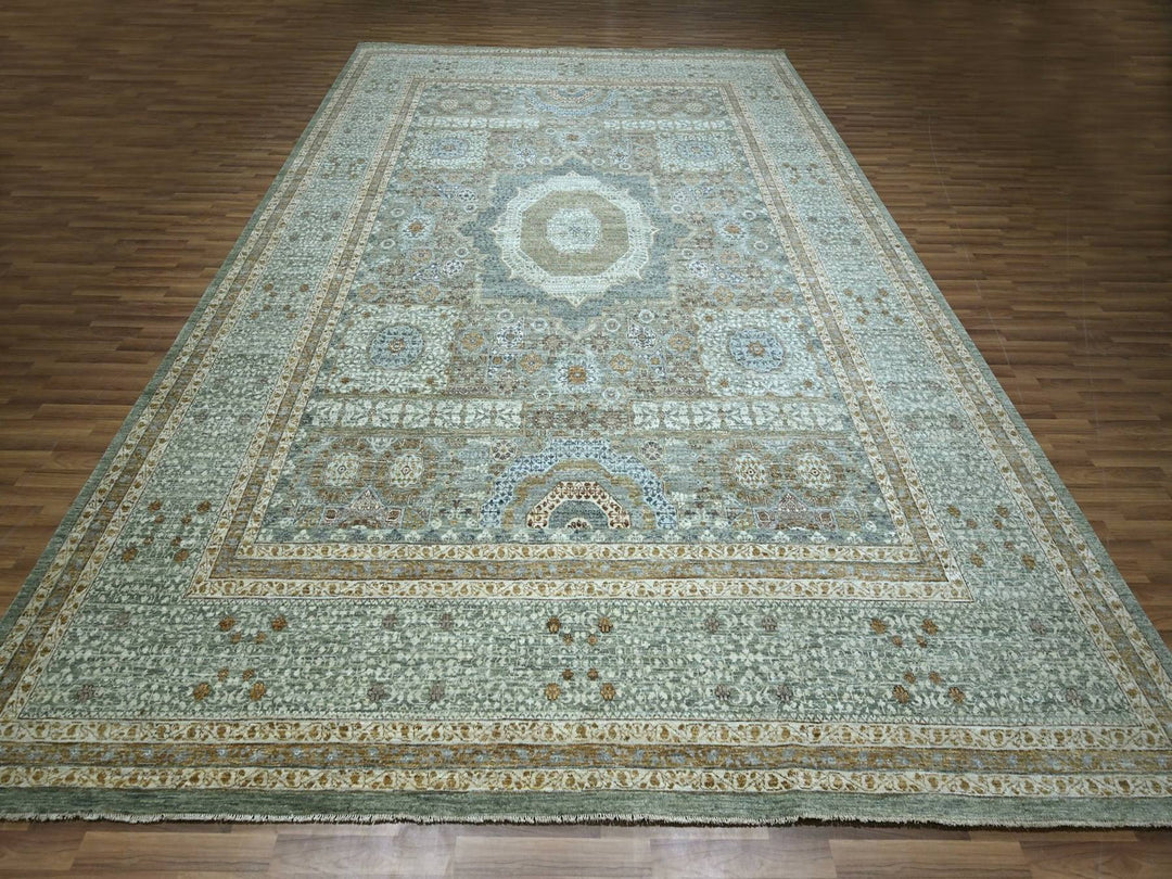 12'0" x 14'10" New Hand Knotted Green Wool Rectangle Oriental Rug - MOA10276847