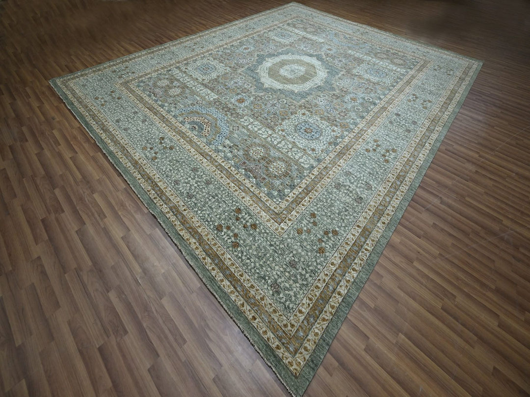 12'0" x 14'10" New Hand Knotted Green Wool Rectangle Oriental Rug - MOA10276847