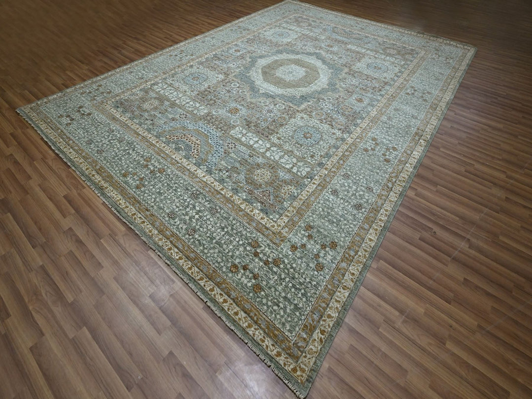 10'0" x 14'0" New Hand Knotted Green Wool Rectangle Oriental Rug - MOA10276848