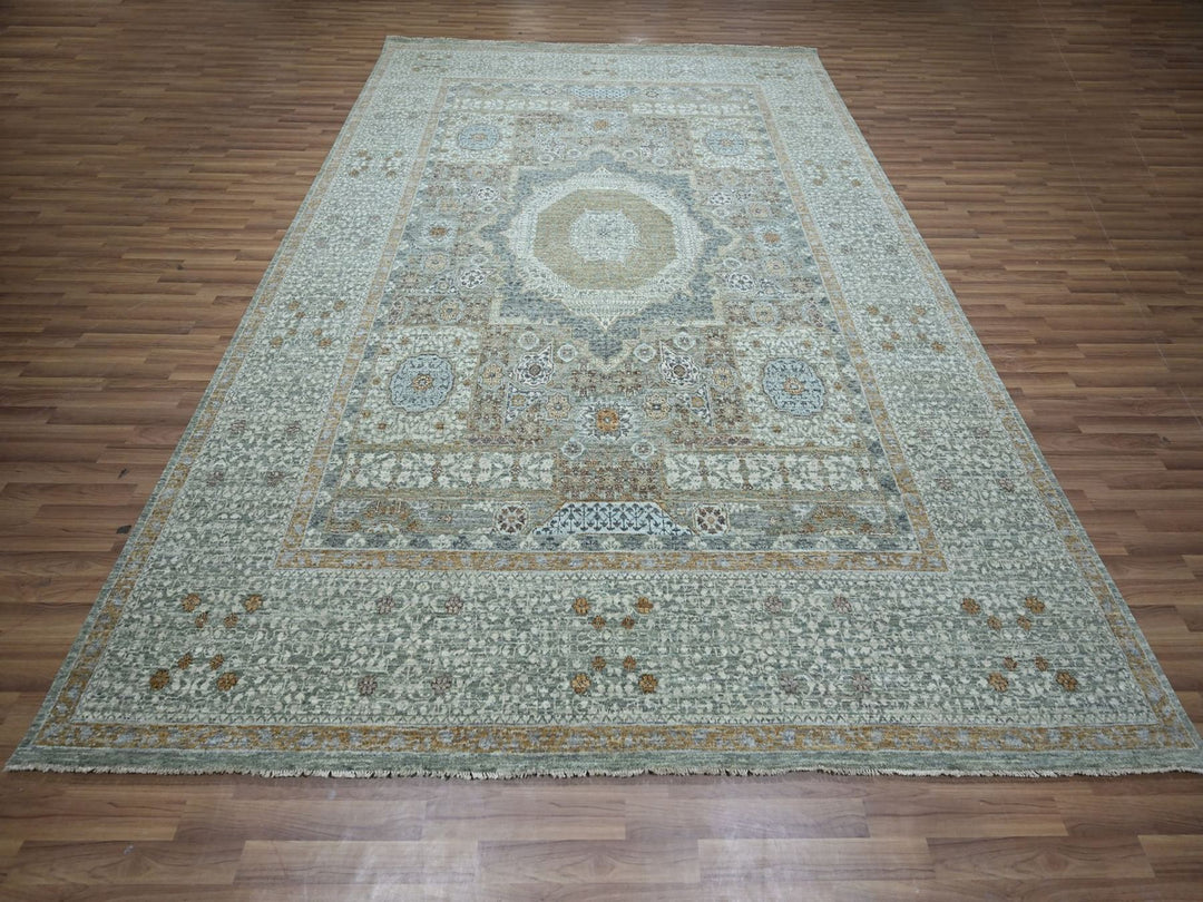 9'0" x 12'0" New Hand Knotted Green Wool Rectangle Oriental Rug - MOA10276851