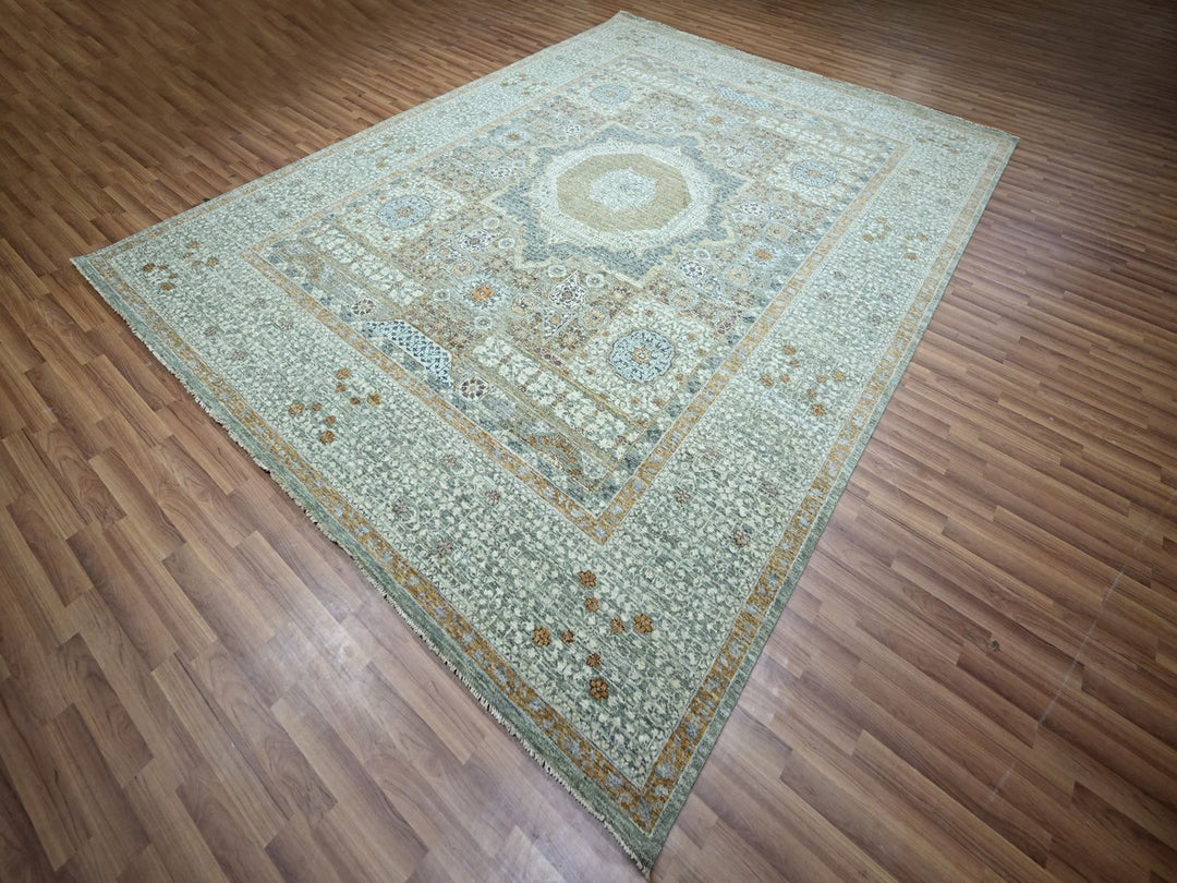 9'0" x 12'0" New Hand Knotted Green Wool Rectangle Oriental Rug - MOA10276851