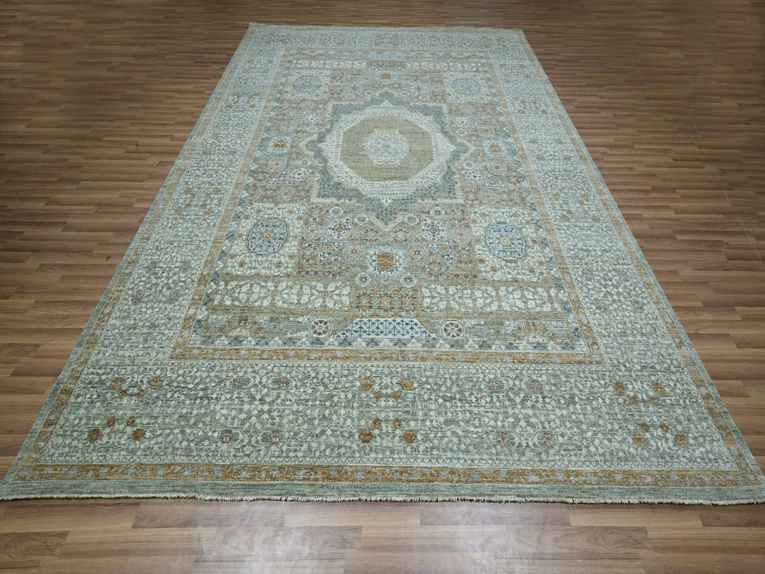 8'11" x 12'2" New Hand Knotted Green Wool Rectangle Oriental Rug - MOA10276853