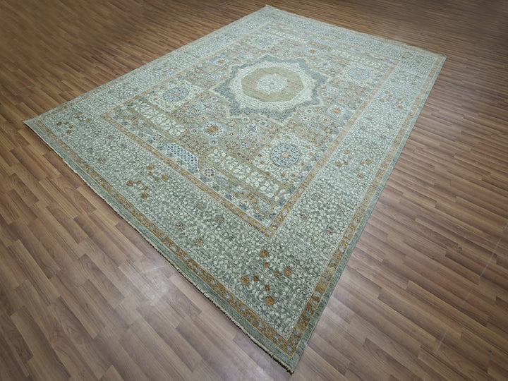 8'11" x 12'2" New Hand Knotted Green Wool Rectangle Oriental Rug - MOA10276853