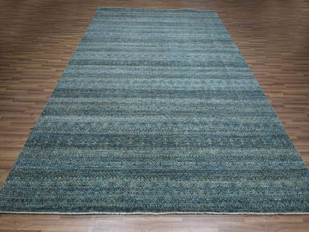 9'1" x 11'11" New Hand Knotted Blue Wool Rectangle Oriental Rug - MOA10276856