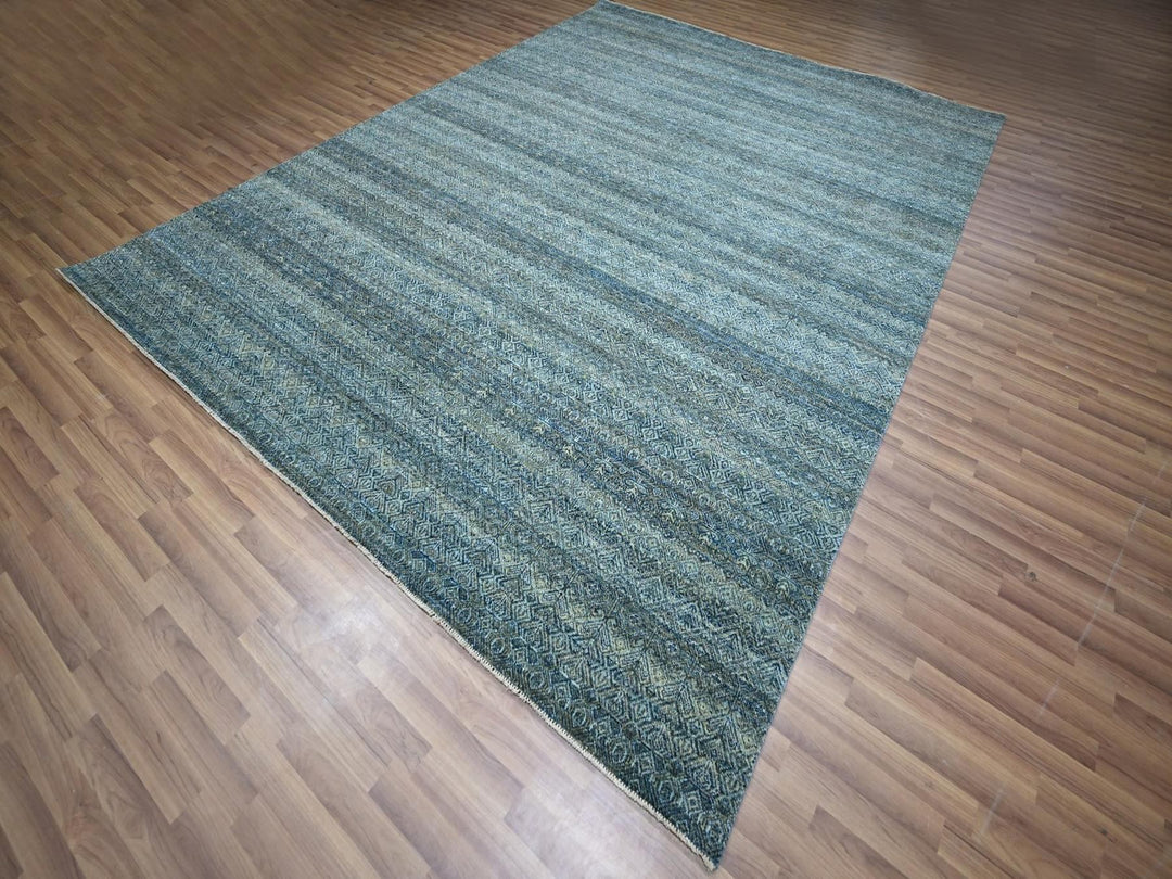 9'1" x 11'11" New Hand Knotted Blue Wool Rectangle Oriental Rug - MOA10276856