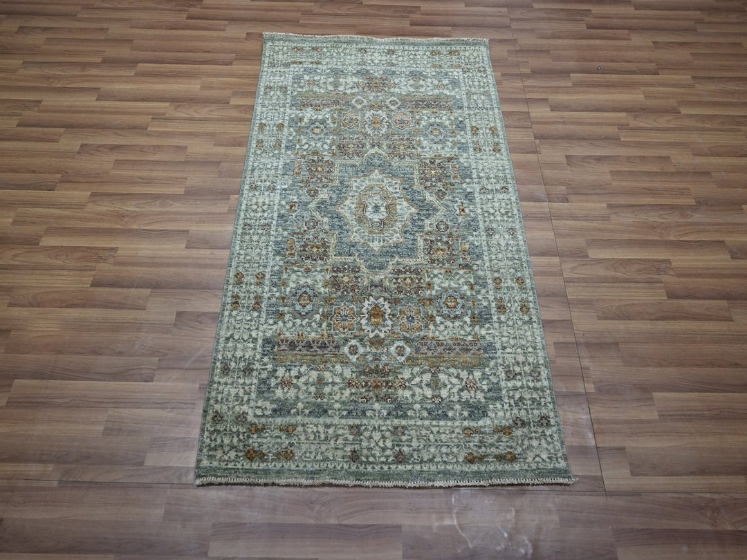 3'1" x 5'1" New Hand Knotted Green Wool Rectangle Oriental Rug - MOA10276877