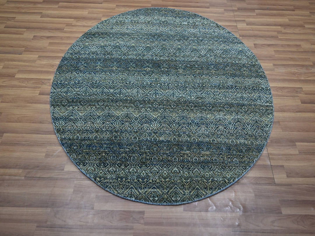 4'11" x 4'11" New Hand Knotted Blue Wool Round Oriental Rug - MOA10276884
