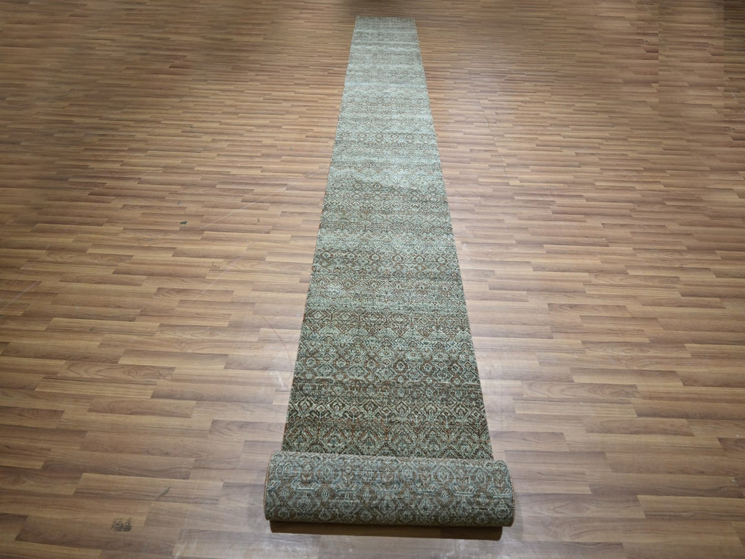 2'6" x 22'1" New Hand Knotted Grey Wool Runner Oriental Rug - MOA10276907