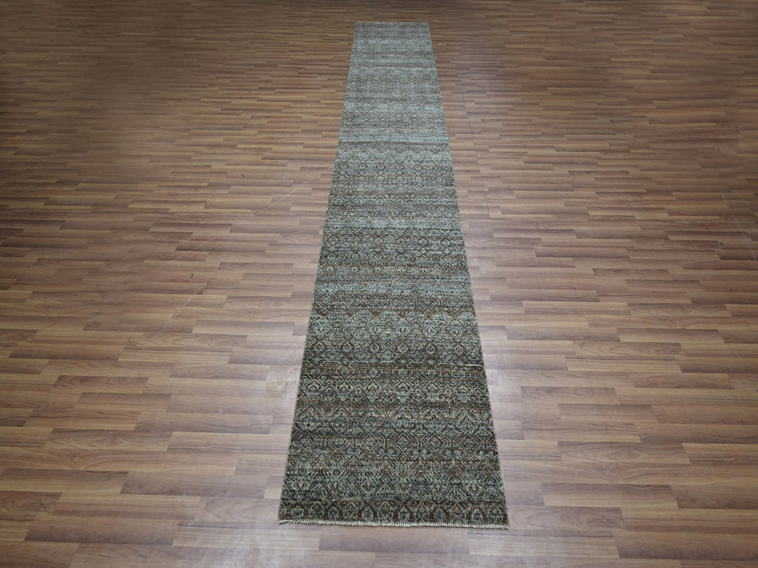 2'6" x 13'10" New Hand Knotted Grey Wool Runner Oriental Rug - MOA10276908