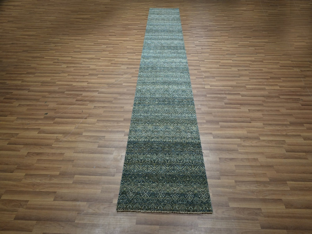 2'6" x 13'11" New Hand Knotted Blue Wool Runner Oriental Rug - MOA10276910