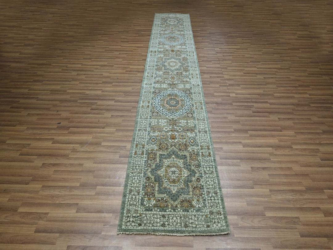 2'8" x 14'0" New Hand Knotted Green Wool Runner Oriental Rug - MOA10276912
