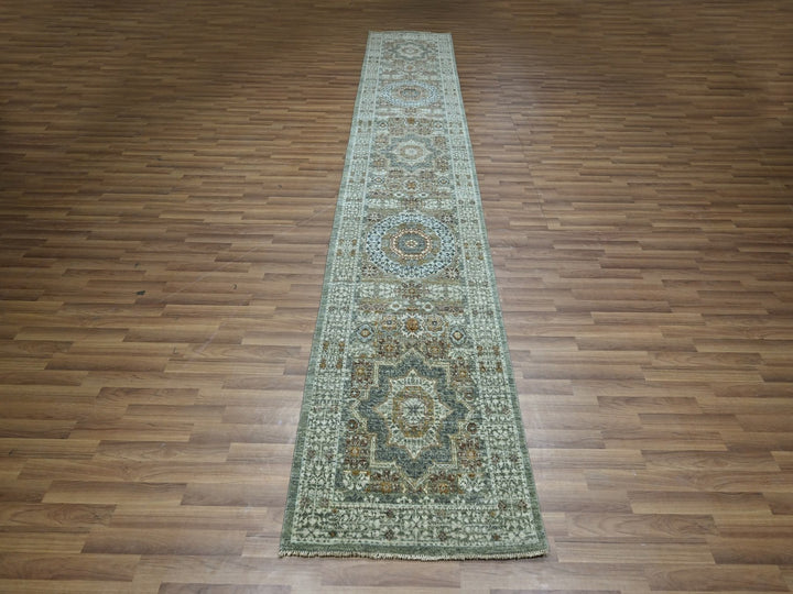 2'8" x 14'0" New Hand Knotted Green Wool Runner Oriental Rug - MOA10276912