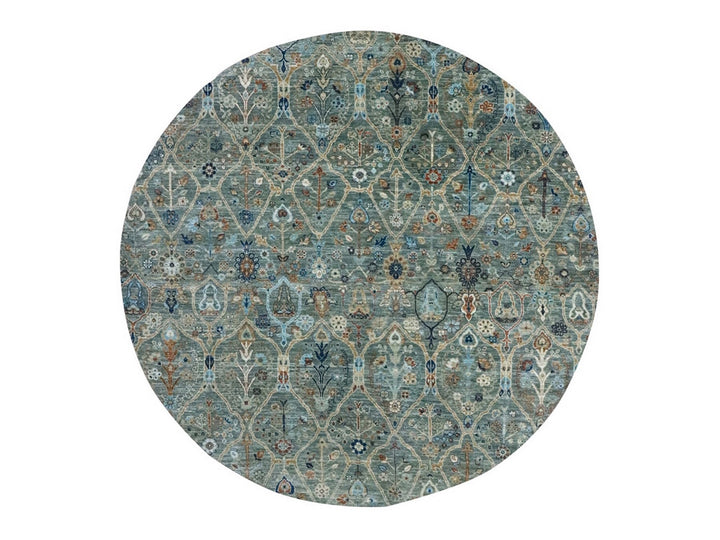 8'0" x 8'0" New Hand Knotted Green Wool Round Oriental Rug - MOA10276913