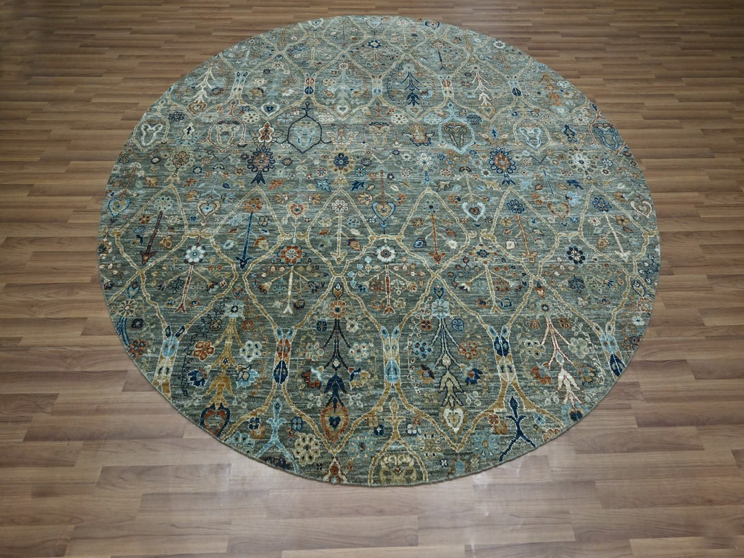 8'0" x 8'0" New Hand Knotted Green Wool Round Oriental Rug - MOA10276913