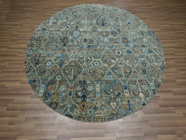 8'0" x 8'0" New Hand Knotted Green Wool Round Oriental Rug - MOA10276913