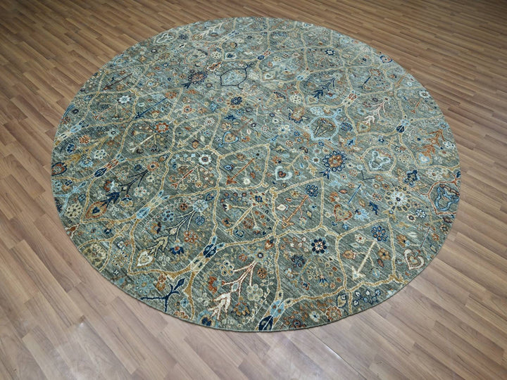 8'0" x 8'0" New Hand Knotted Green Wool Round Oriental Rug - MOA10276913